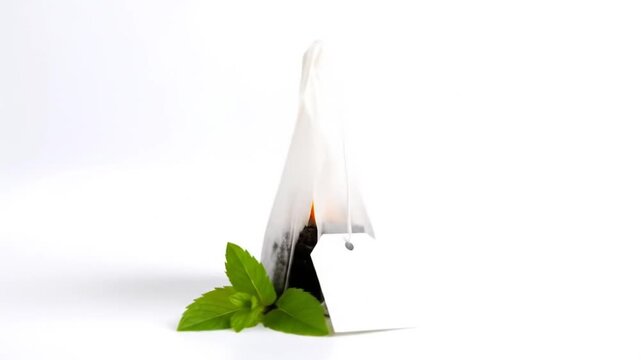 Tea bag with mint leaves on white.