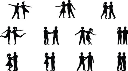Diverse couple silhouettes dancing and posing in various styles vector