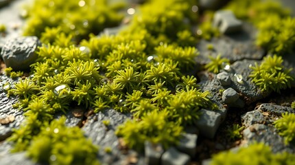 Ultra-close macro texture of moss with micro water droplets on a stone surface in soft ambient light.