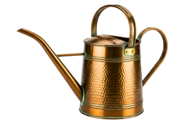 Vintage hammered copper watering can for gardening and plants isolated on transparent background