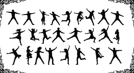 Diverse group of people in silhouette jumping and dancing with decorative borders