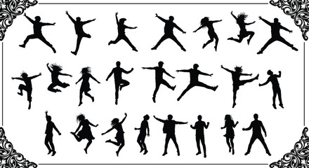 Diverse group of people jumping and celebrating in silhouette against white background with ornate corner designs