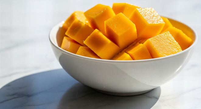 Delicious cubed mango in a white bowl, a healthy snack or ingredient for vibrant summer recipes and refreshing tropical desserts