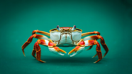 Fototapeta premium A macro photograph of a red rock crab against a solid turquoise green background
