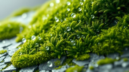 Ultra-close macro texture of moss with micro water droplets on a stone surface in soft ambient light.