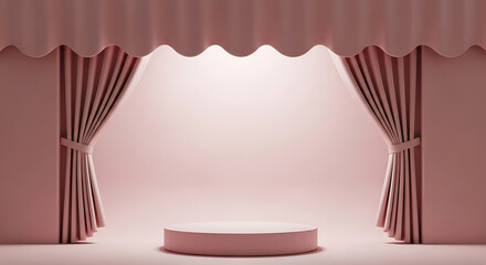 Soft pink stage with draped curtains, creating a theatrical ambiance for product presentations or performances