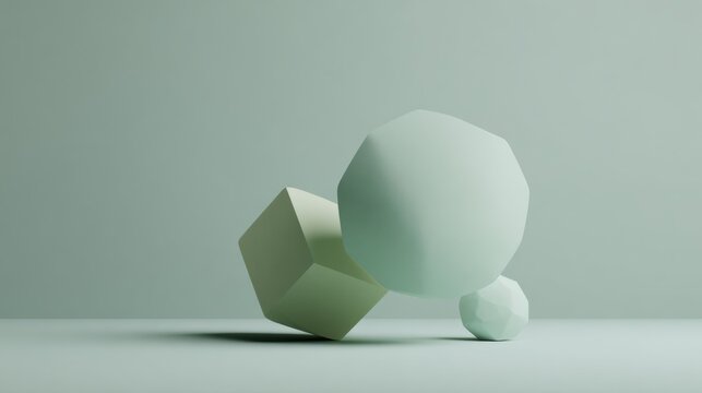 Fototapeta minimal 3D geometric shapes. Two mint green cubes floating and intersecting in a minimalist studio background.