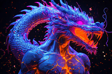 uomo con testa e coda di drago al neon sul torso umano, man with a neon dragon head and tail on a human torso