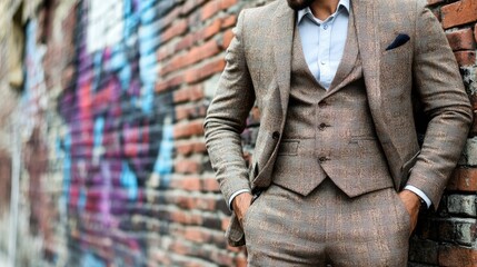Stylish Man in Tweed Suit Leaning Against Graffiti Brick Wall
