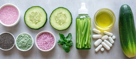 Vibrant Natural Wellness Flat Lay: Cucumber, Zucchini, Salts, Seeds, Oil & Supplements for Health & Beauty