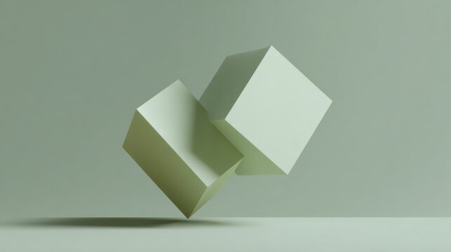 Fototapeta minimal 3D geometric shapes. Two mint green cubes floating and intersecting in a minimalist studio background.
