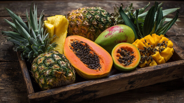 Assortment of tropical fruits including pineapple, papaya, and mango in a wooden tray display