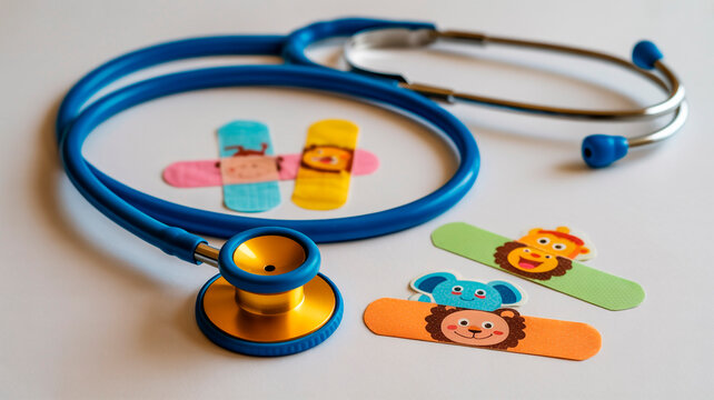 Blue stethoscope with colorful cartoon bandages on white background for pediatric care