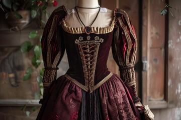 Obraz premium Elegant renaissance style dress displayed on mannequin, showcasing velvet bodice, embroidered skirt, and historical fashion