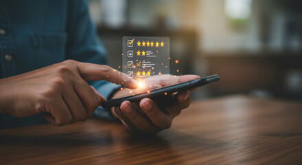 Person selecting star ratings on a mobile phone screen, digitally reviewing service satisfaction and product feedback for a glowing experience.