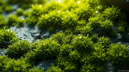Ultra-close macro texture of moss with micro water droplets on a stone surface in soft ambient light.