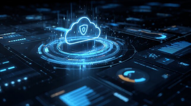 Secure cloud computing with glowing data visualization offers modern IT solutions, perfect for digital security, innovation, and high tech environments