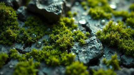Ultra-close macro texture of moss with micro water droplets on a stone surface in soft ambient light.