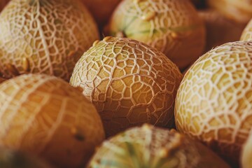 Ripe muskmelons are piled together, displaying their characteristic textured rind