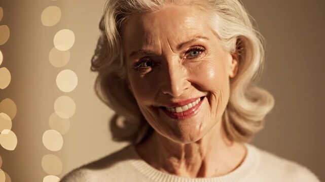 Elderly woman smiling warmly in soft lighting, surrounded by blurred decorative lights, conveying joy