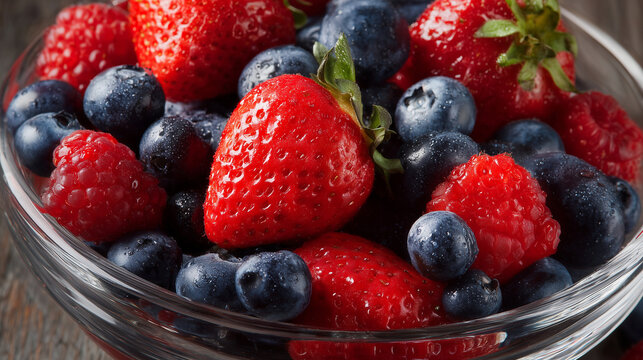 A close up shot of a glass bowl filled with fresh strawberries raspberries and blueberries mix - Powered by Adobe