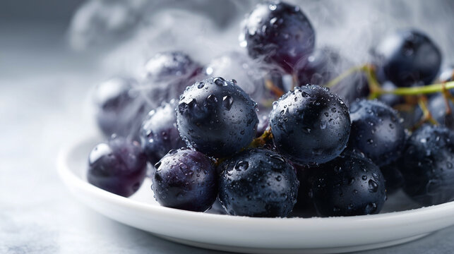 Close up shot of fresh dark grapes with water droplets on a white plate with smoke effect