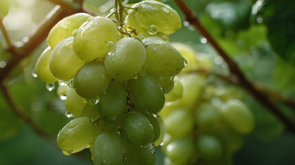 Close up shot of a bunch of green grapes covered in water droplets hanging from a vine branch
