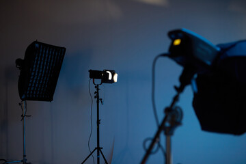 Modern LED studio lights and set for commercial video and photography use.