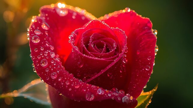Close up of a vibrant red rose covered in glistening water droplets in soft golden light outdoors
