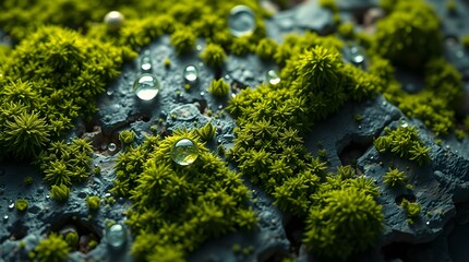 Ultra-close macro texture of moss with micro water droplets on a stone surface in soft ambient light.