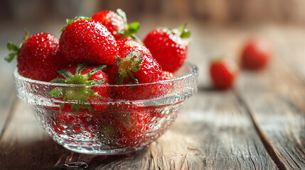 A glass bowl filled with fresh ripe strawberries sitting on a rustic wooden table surface top