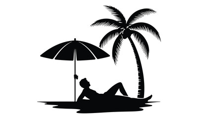 "Beach Relaxation Silhouette – Man Resting Under Umbrella and Palm Tree Vector"