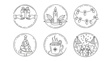 Festive holiday icons: minimalist christmas gift, candle, lights, tree, hot cocoa, celebration