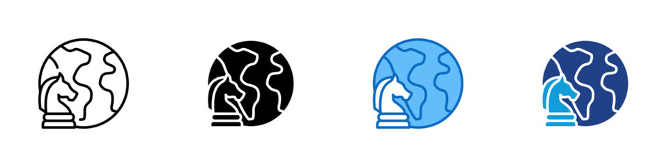 Cross Border Strategy Multiple Style Icon Design Vector - globe with a chess knight piece in front, indicating international planning, strategic decision making, and cross border business approaches
