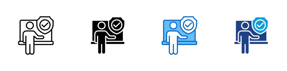 Cyber Security Training Multiple Style Icon Design Vector - person in front of a board with a shield and checkmark, conveying cybersecurity awareness, instruction, and safe digital behavior education