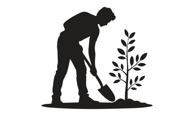 "Gardener Planting Young Tree Silhouette – Gardening Worker Vector Art"