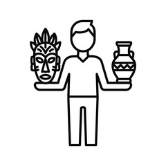 Man holding african tribal mask and antique vase line art symbol