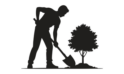 "Gardener Planting Young Tree Silhouette – Gardening Worker Vector Art"