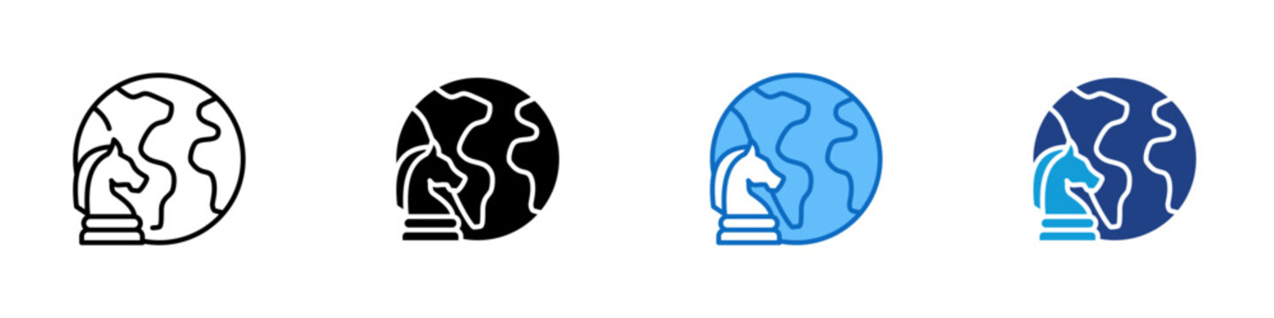 Cross Border Strategy Multiple Style Icon Design Vector - globe with a chess knight piece in front, indicating international planning, strategic decision making, and cross border business approaches