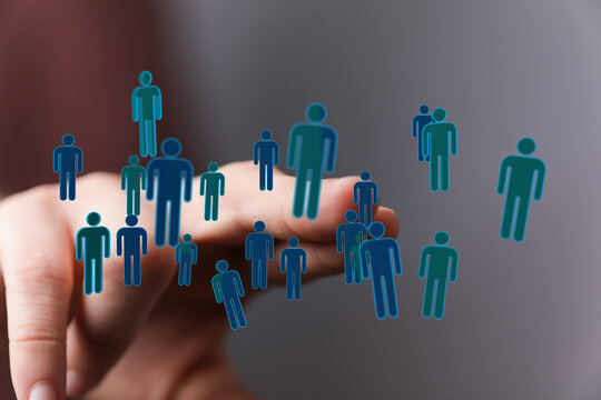 Abstract network of people icons interacting, illustrating communication, community, and collaboration, busines