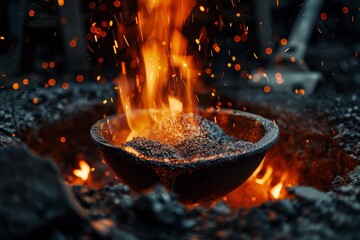 Hot charcoal embers burning in a metal bowl, creating glowing sparks and intense flames