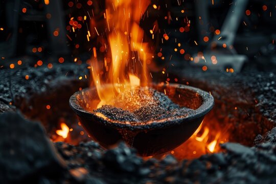 Hot charcoal embers burning in a metal bowl, creating glowing sparks and intense flames - Powered by Adobe