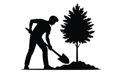 "Gardener Planting Young Tree Silhouette – Gardening Worker Vector Art"