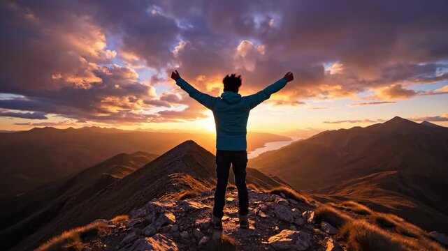 Mountain Top Freedom at Sunset - A hiker stands atop a mountain peak at sunset, arms outstretched in a gesture of freedom.