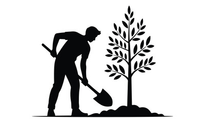 "Gardener Planting Young Tree Silhouette – Gardening Worker Vector Art"