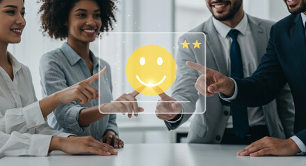 Diverse team collaborates positively, interacting with a digital interface displaying a happy face and star ratings for excellent customer satisfaction.