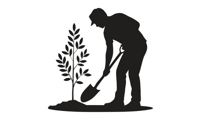 "Gardener Planting Young Tree Silhouette – Gardening Worker Vector Art"