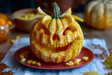 Grinning halloween pumpkin decorated with corn kernels sits on a plate, surrounded by autumn leaves and other pumpkins
