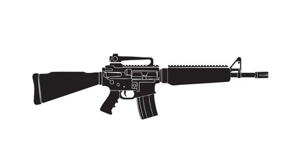A detailed silhouette illustration of a rifle, featuring its distinct components like the barrel, stock, and trigger mechanism