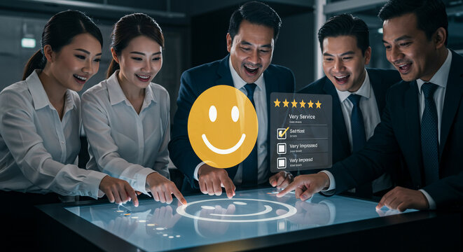 Joyful diverse team celebrating excellent customer feedback and high satisfaction ratings on interactive display